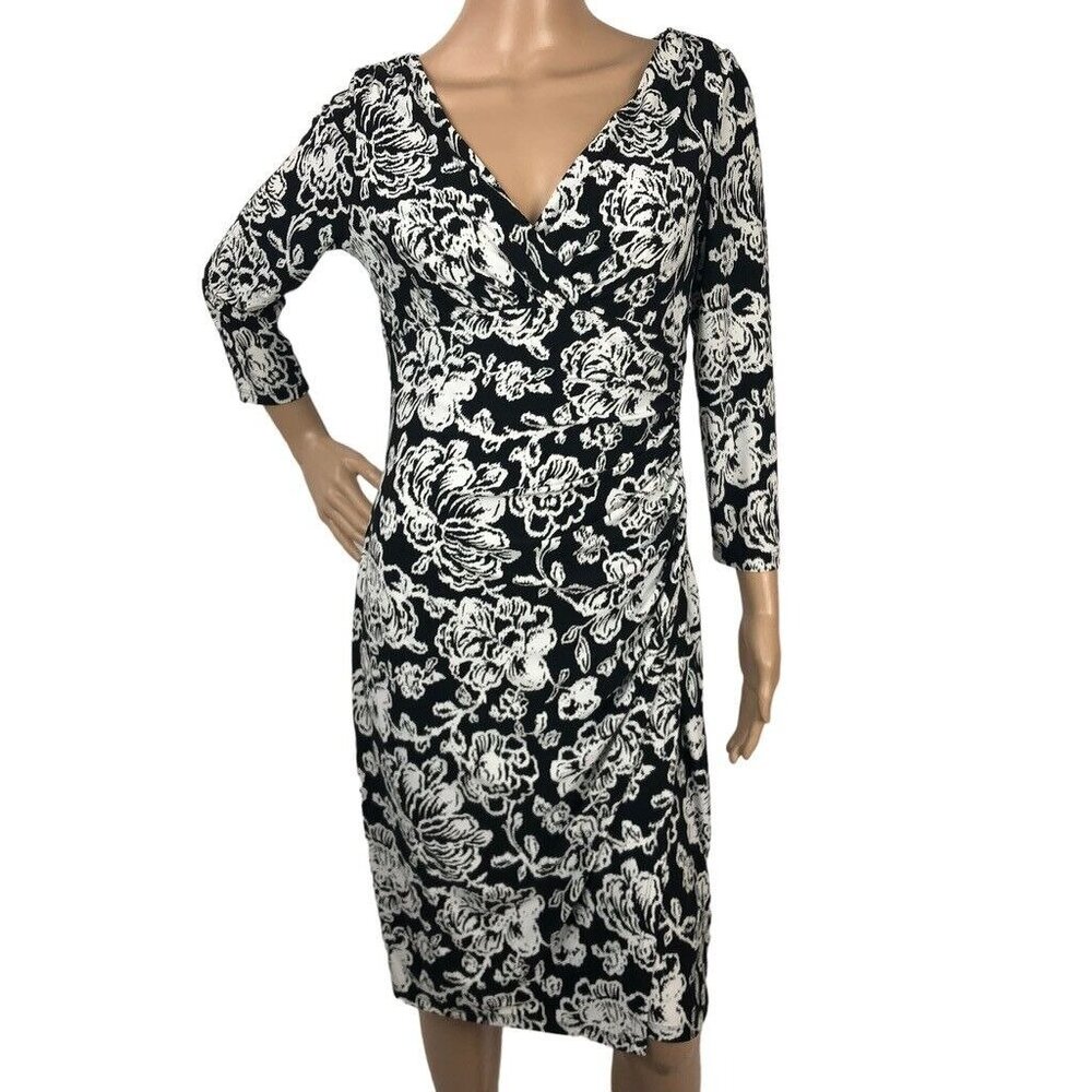 Lauren Ralph Lauren Sheath Midi Dress Size 6 Floral Print V-Neck Faux Wrap Dress